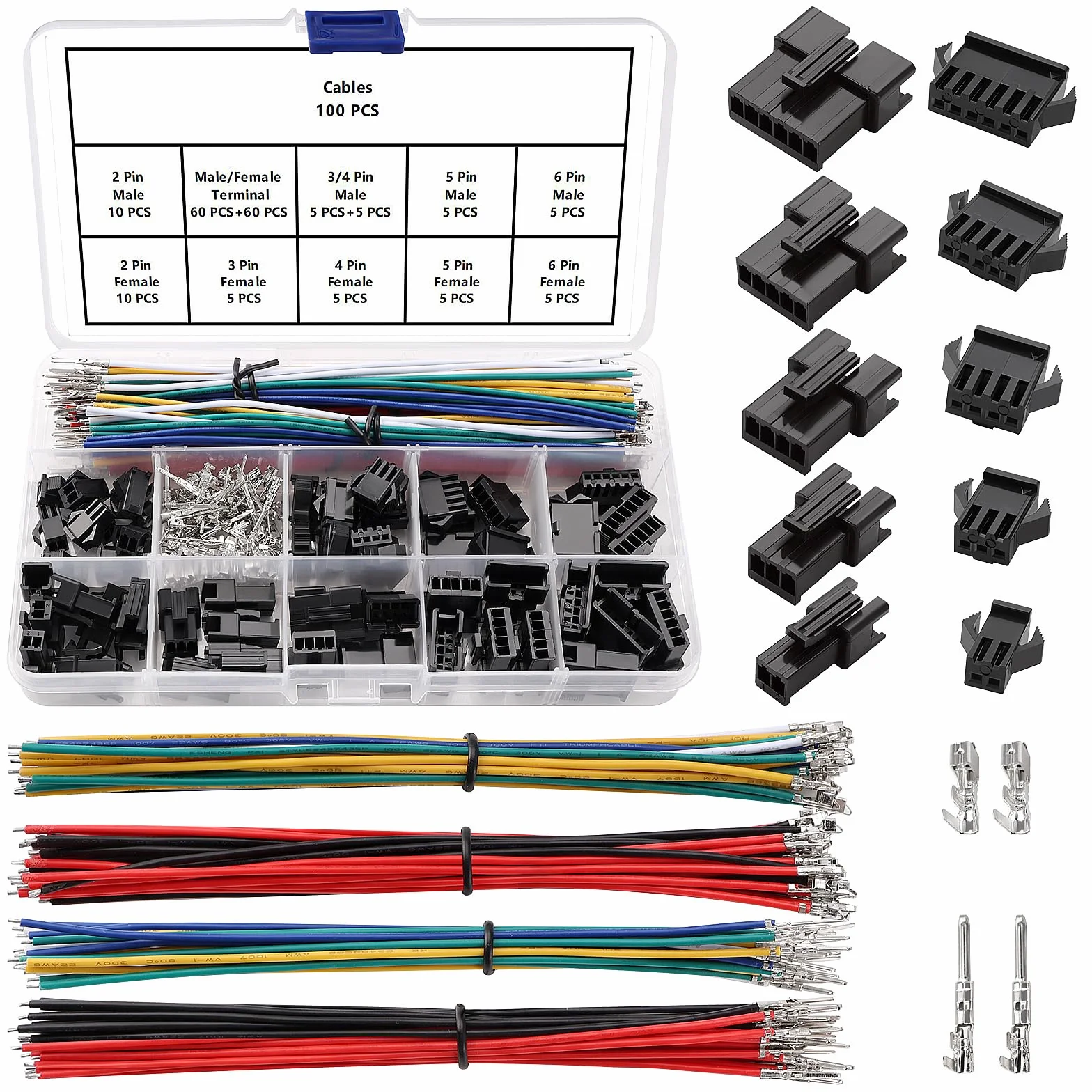 YIXISI 280 Sztuk 2.5mm Rastrze 2/3/4/5/6-Pinowych Zestaw Złączy JST-SM, Zestaw Złączy JST SM Żeńskich i Męskich, z Pojedyncza Głowica Przewodem Kablowym Wstępnie Zaciśniętym 22 AWG