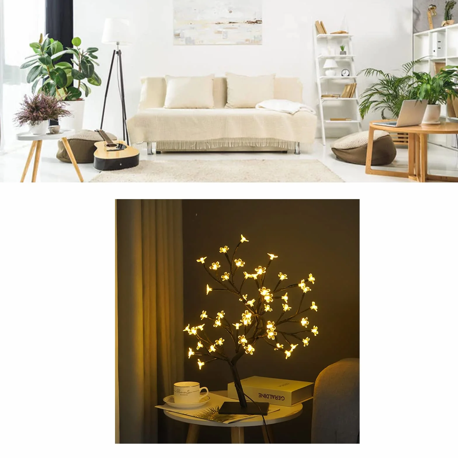 Lampka Stołowa LED w Kształcie Drzewa Bonsai USB Lampka w Kształcie Drzewa Świąteczna Dekoracja Sypialni Lampka Nocna na stół (Czarny 48 świateł)