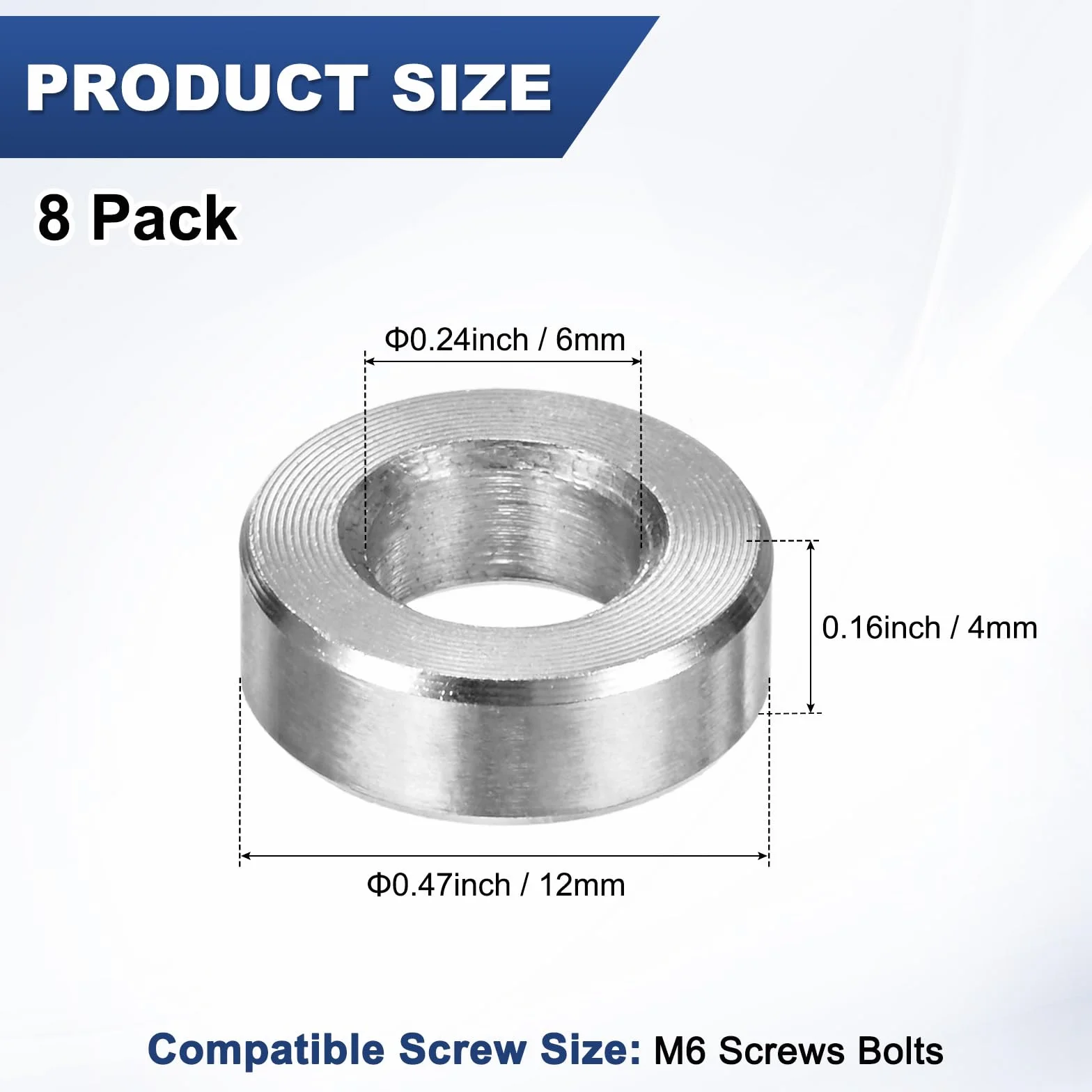 M METERXITY 8 elementów dystansowych ze stali nierdzewnej M6 304, wewnętrzna średnica 6 mm x zewnętrzna średnica 12 mm x długość 4 mm, metalowa tuleja dystansowa, gładkie wykończenie, okrągły element