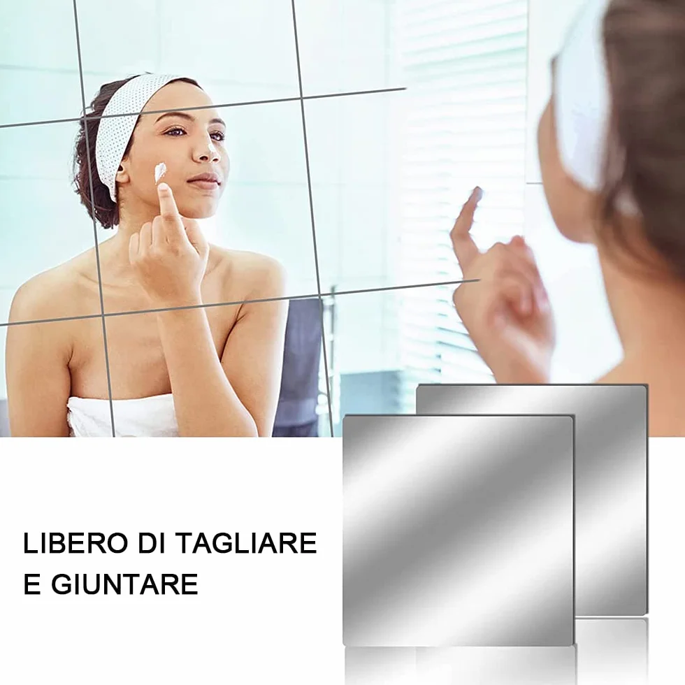 LATRAT Opakowanie 10 prostokątnych lustrzanych naklejek ściennych, dekoracyjne lustra na ścianę, miękkie arkusze materiału, płytki lustrzane bez szkła, 20 cm x 20 cm