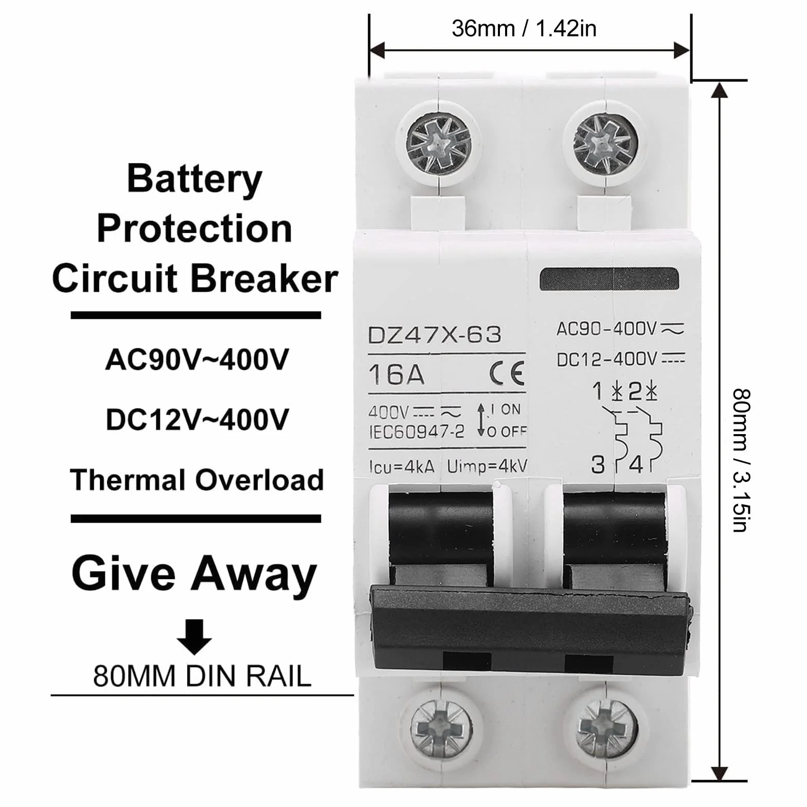 Wyłącznik nadprądowy 16 A, AC DC 2 w 1, 400 V, 2P, miniaturowy wyłącznik automatyczny, montaż na szynie DIN, odłącznik C16, zabezpieczenie przed przeciążeniem, wyłącznik powietrzny, przełącznik kombi