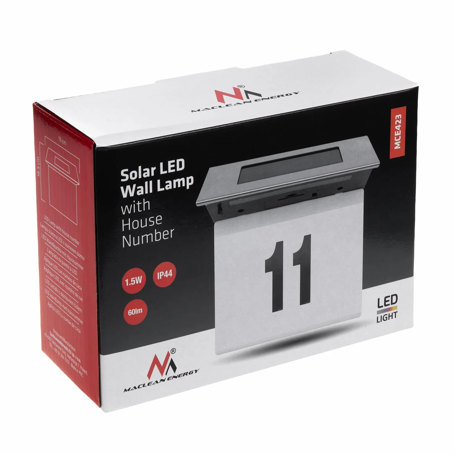 Maclean MCE423 Solarna Lampa LED z Numerem Domu, IP44, 1W, 60lm, 6000K, Akumulator 600 mAh, 2,5V DC 70mA