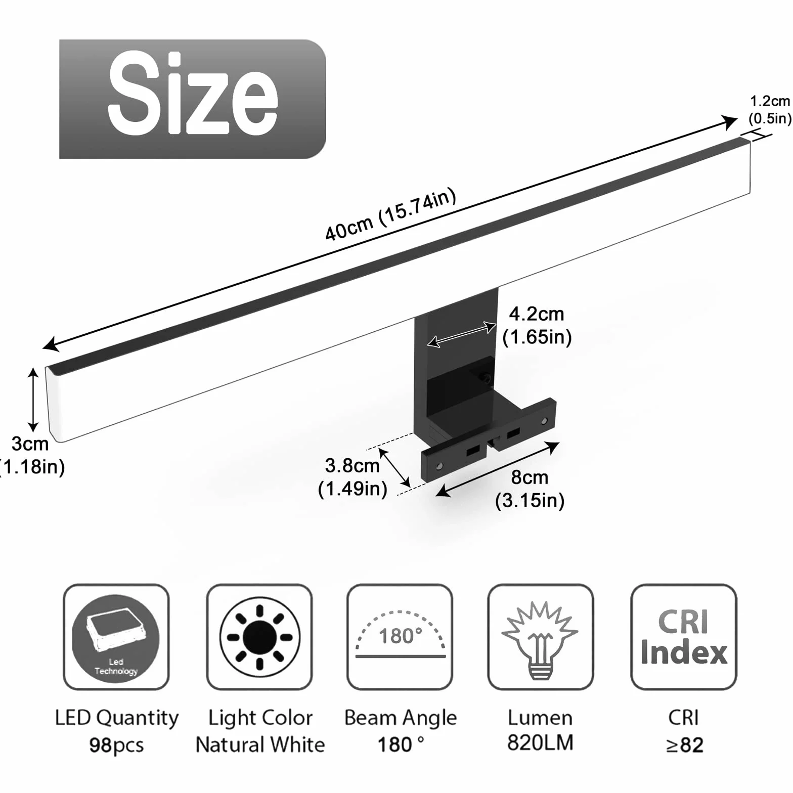 LED oświetlenie lustra łazienkowego 10W 820LM, 40cm kinkiet lampa lustrzana z neutralną bielą 4000K,3 w 1 230V oświetlenie lustra szafki łazienkowej IP44 wodoodporny czarny