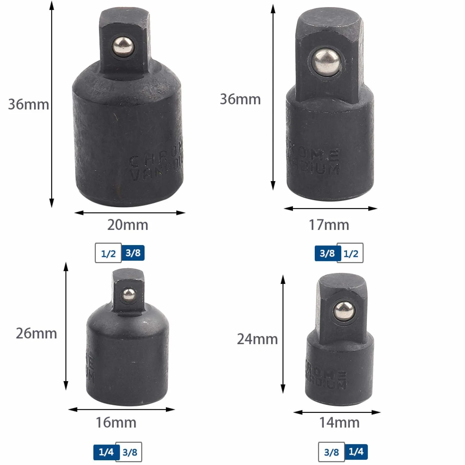 Akozon Zestaw adapterów zwiększających i redukcyjnych 4 szt. Adapter Konwerter 1/2"1/4" 3/8"Do nasadek i końcówek
