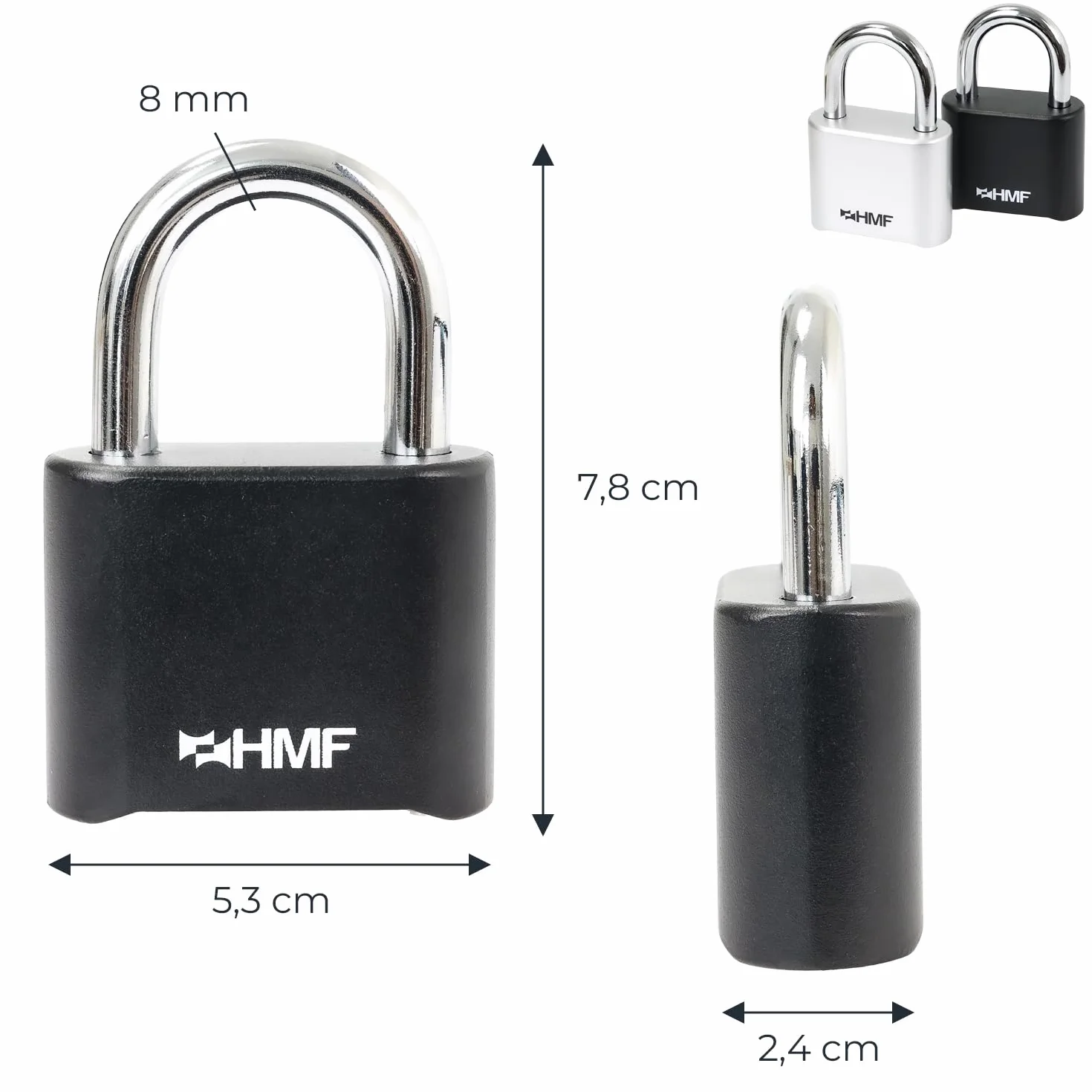 HMF Kłódka szyfrowa z zamkiem 3507-02, wytrzymały zamek z 4-cyfrowym kodem numerycznym ze stopu cynku | 5,3 x 2,4 x 7,8 cm | czarna