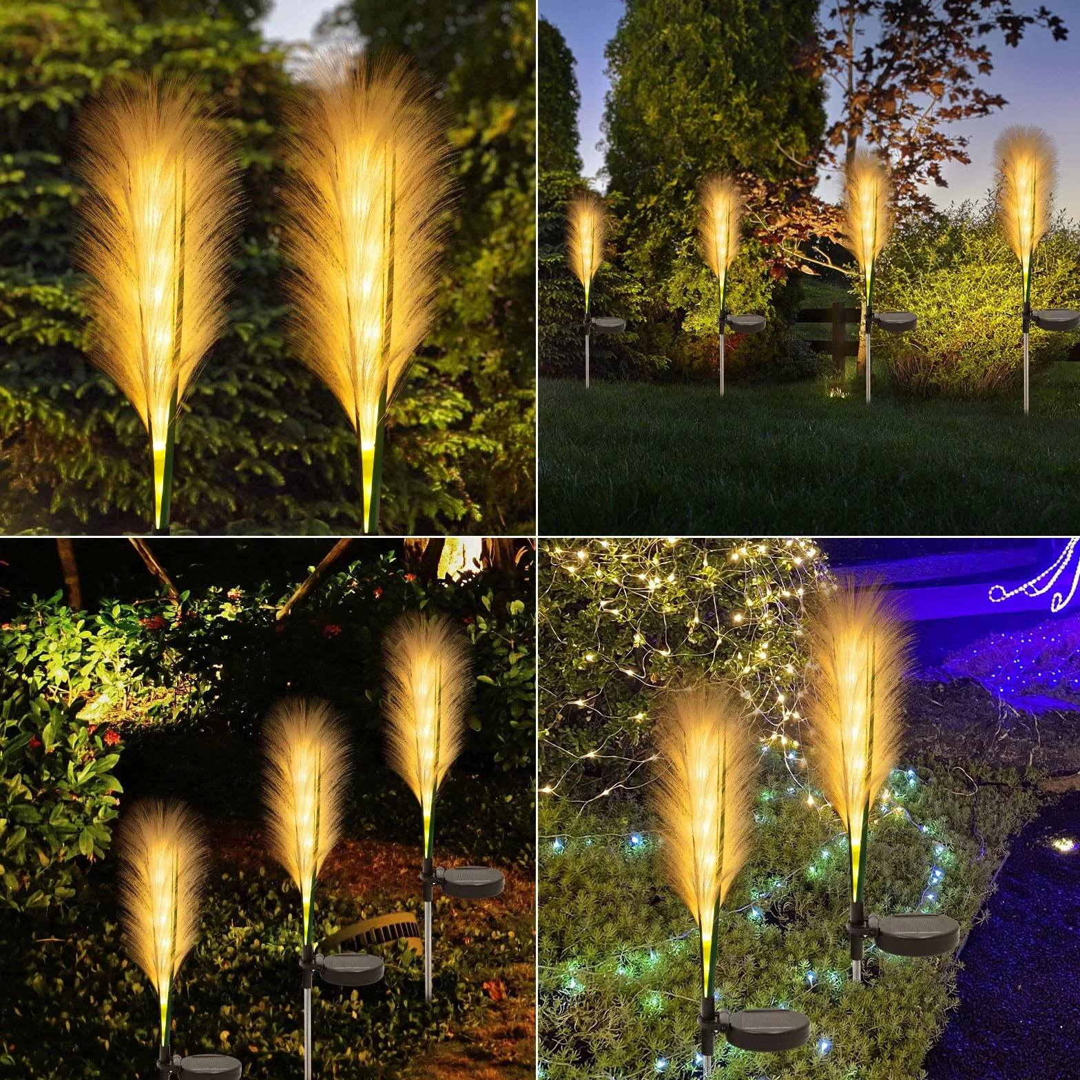 AGOTD Zewnętrzne lampy solarne do ogrodu, trzciny, 2 sztuki, zewnętrzne lampy solarne ze światłem, wodoodporne dekoracje ogrodowe, dekoracja solarna na ścieżki, taras, patio, chodnik, balkon, grudzień