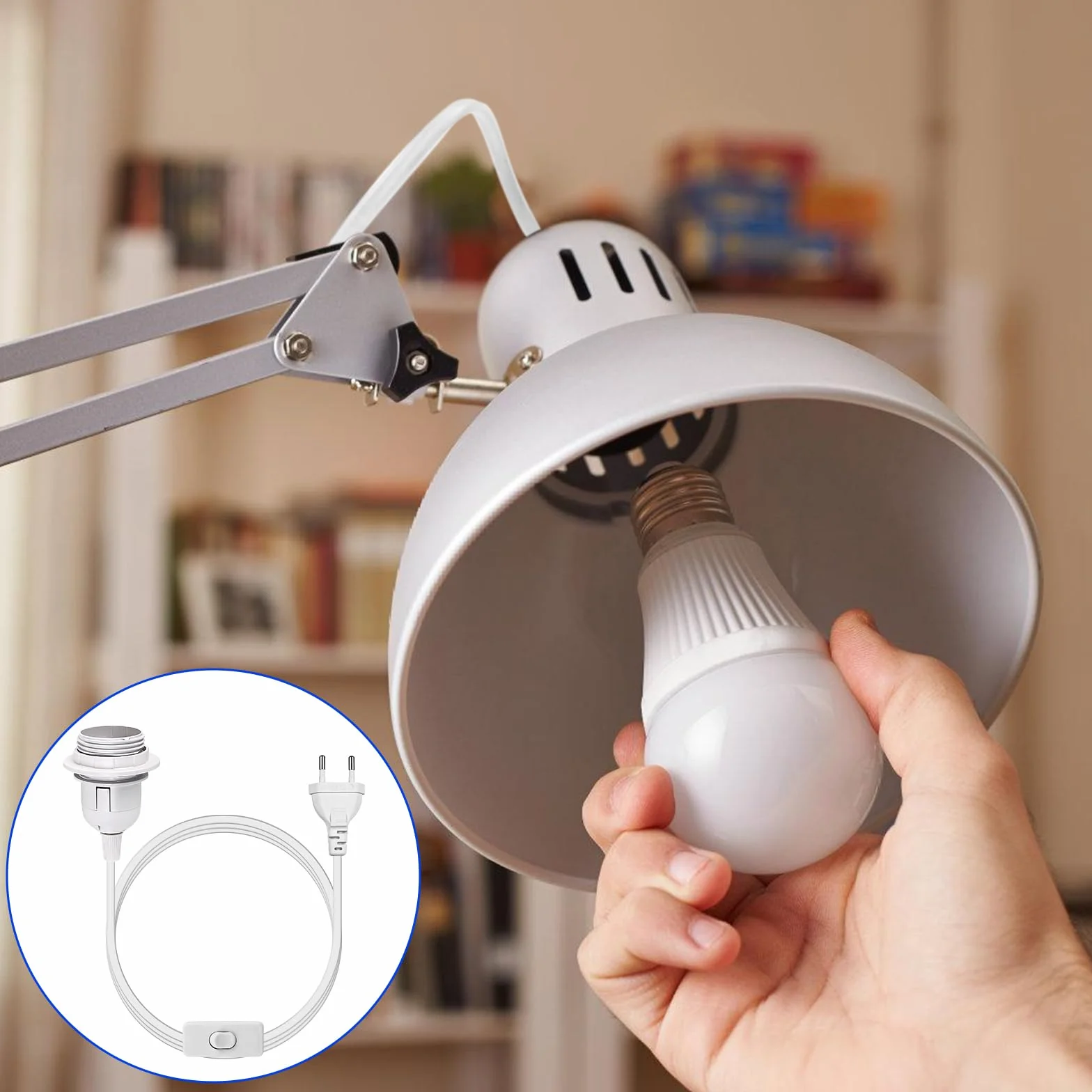 Zestaw 4 oprawek E27 z przełącznikiem i wtyczką EU, kabel 3 m, biały
