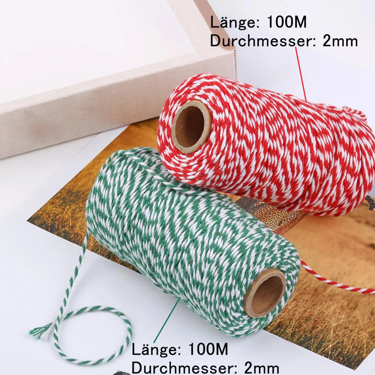 TACHIO Sznurek bawełniany 2 mm, 100 m, sznurek piekarski, sznurek do majsterkowania, sznurek dekoracyjny, idealny do ogrodu, obrazów, roślin, majsterkowania, 2 rolki czerwono-biały i zielono-biały