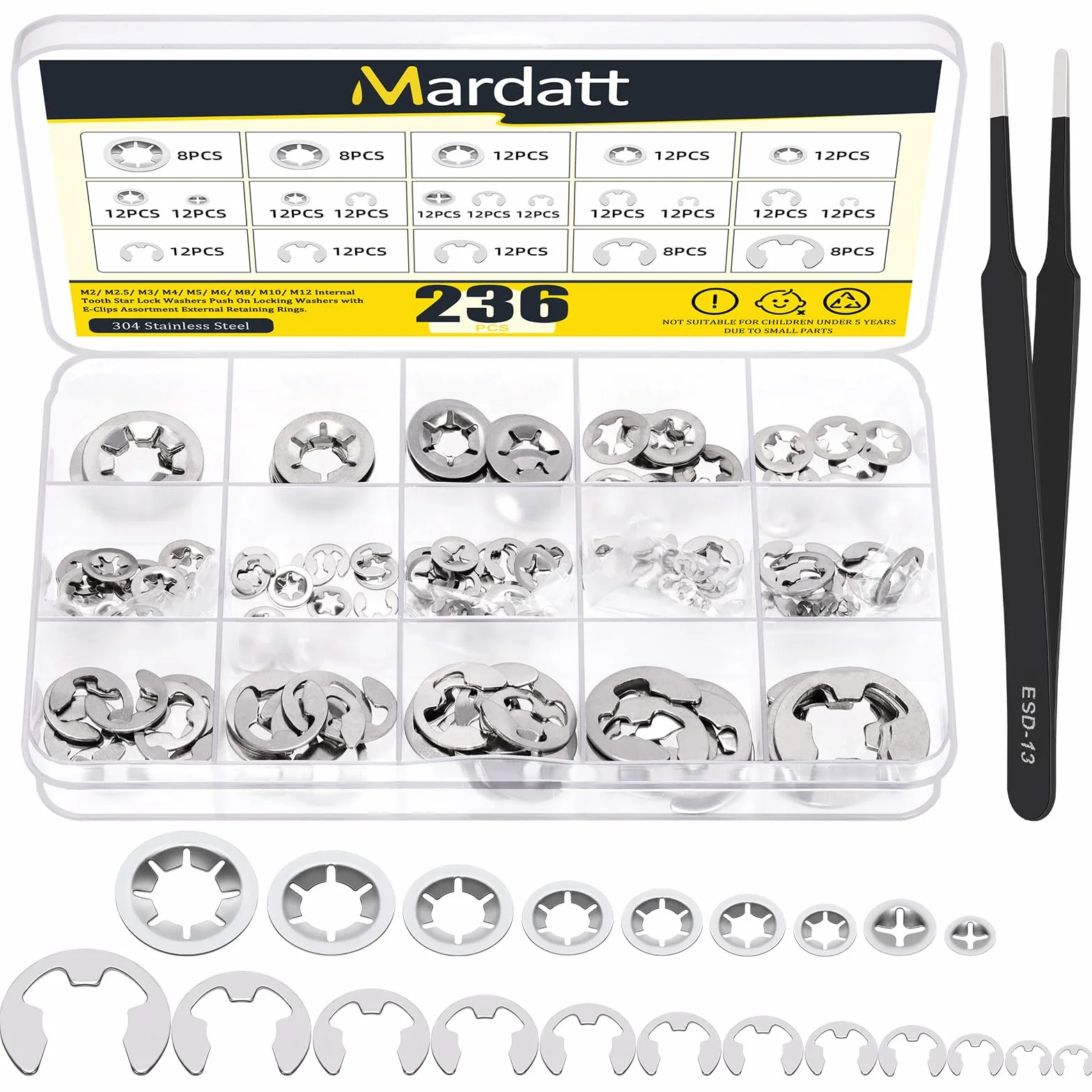 Zestaw 237 sztuk podkładek ze stali nierdzewnej do mycia i klipsów E Clip Assortment Set, Quick Speed Locking Washers (M2-M12), klips E Circlip External Retaining Ring (1,5 mm-15 mm)