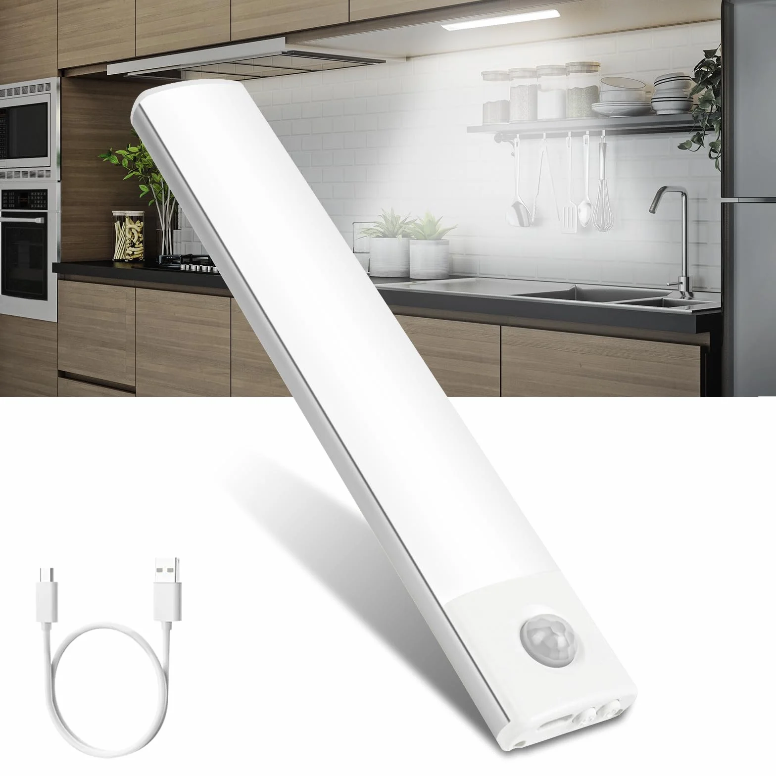 Vicloon Lampa LED z czujnikiem ruchu, lampa kuchenna, oświetlenie podszafkowe, magnetyczne oświetlenie szafki, 3 kolory, możliwość ściemniania, do szafki, kuchni, schodów, korytarza, kampera
