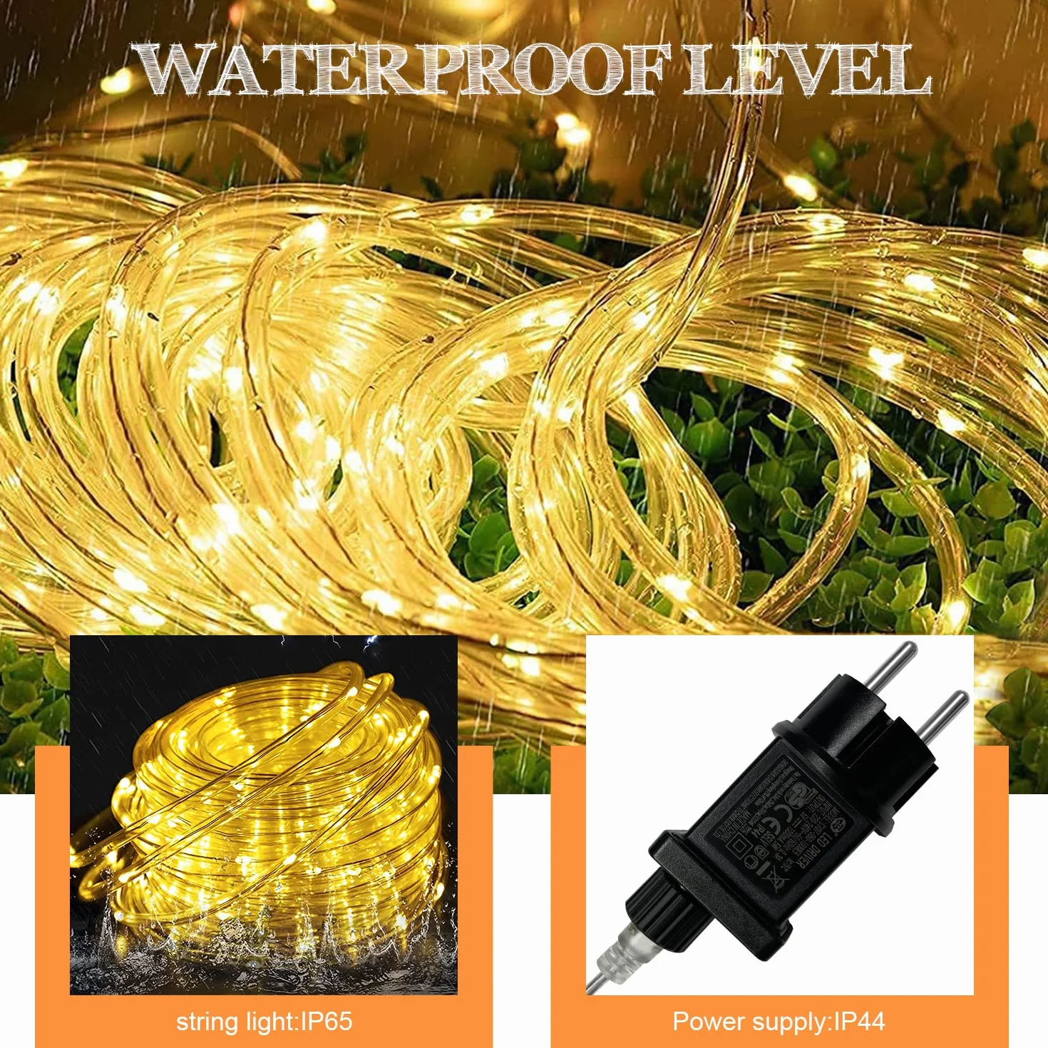 Liyade Wąż świetlny LED, do użytku na zewnątrz, 10 m, 100 diod LED, do użytku na zewnątrz, do wnętrz, 8 trybów pracy, IP45, wodoodporny, wąż świetlny, do ogrodu, na imprezę, wesele (ciepła biel)