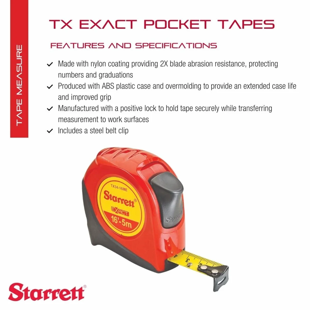 Starrett Kieszonkowa taśma miernicza - 5M KTX34-16ME-N dokładny stalowy klips do paska i przycisk blokady - odporne na uderzenia tworzywo ABS z gumową formą
