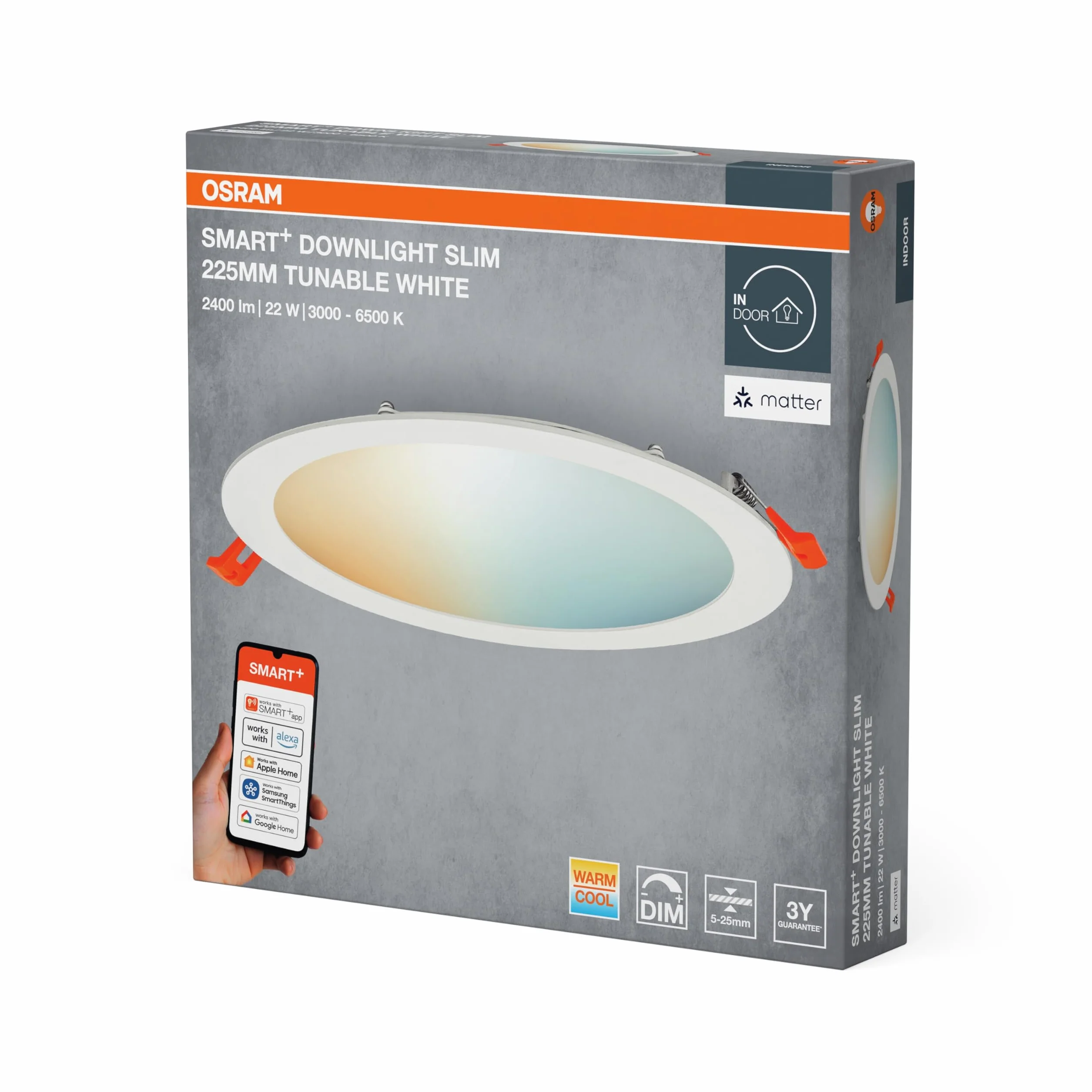 OSRAM SMART+ Matter Recess Slim LED Downlight Biały 225mm, 22W, 2000lm, TW 3000-6500K, Matter WiFi, Alexa, Wpuszczany