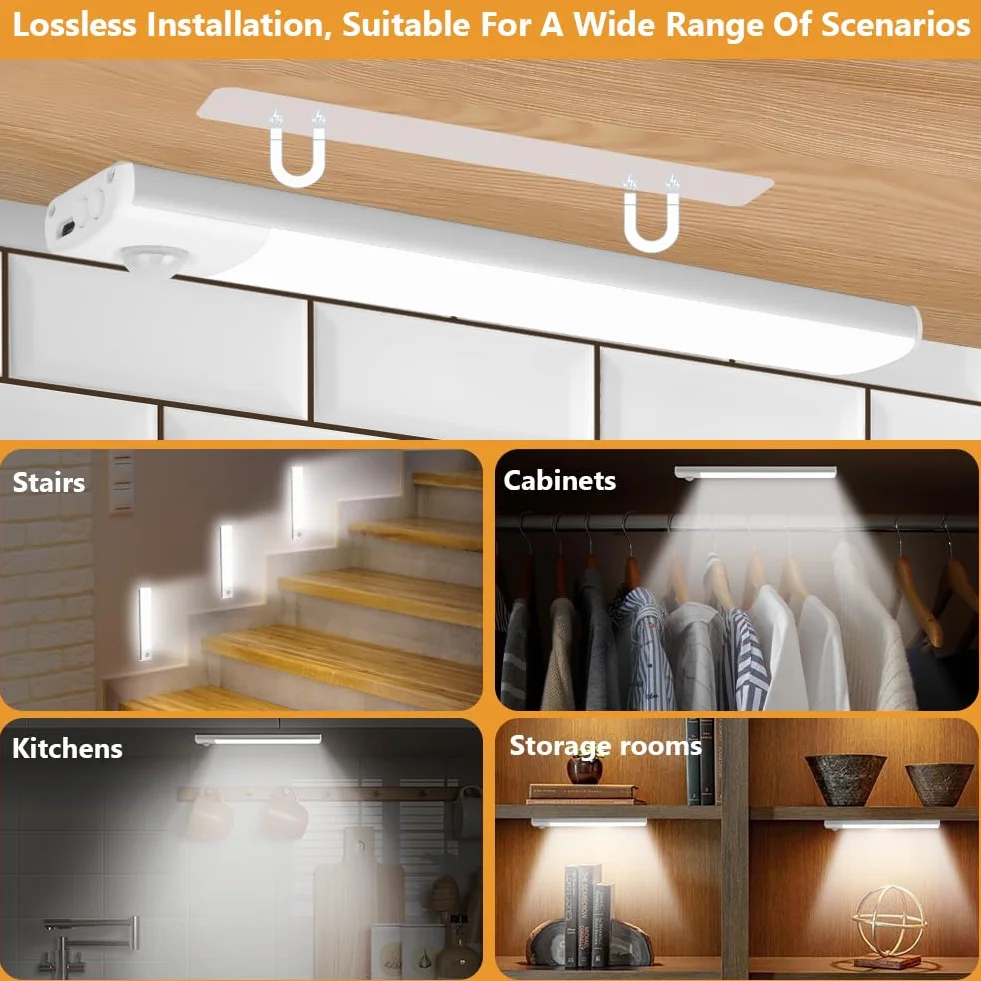 Vicloon Lampa LED z czujnikiem ruchu, lampa kuchenna, oświetlenie podszafkowe, magnetyczne oświetlenie szafki, 3 kolory, możliwość ściemniania, do szafki, kuchni, schodów, korytarza, kampera