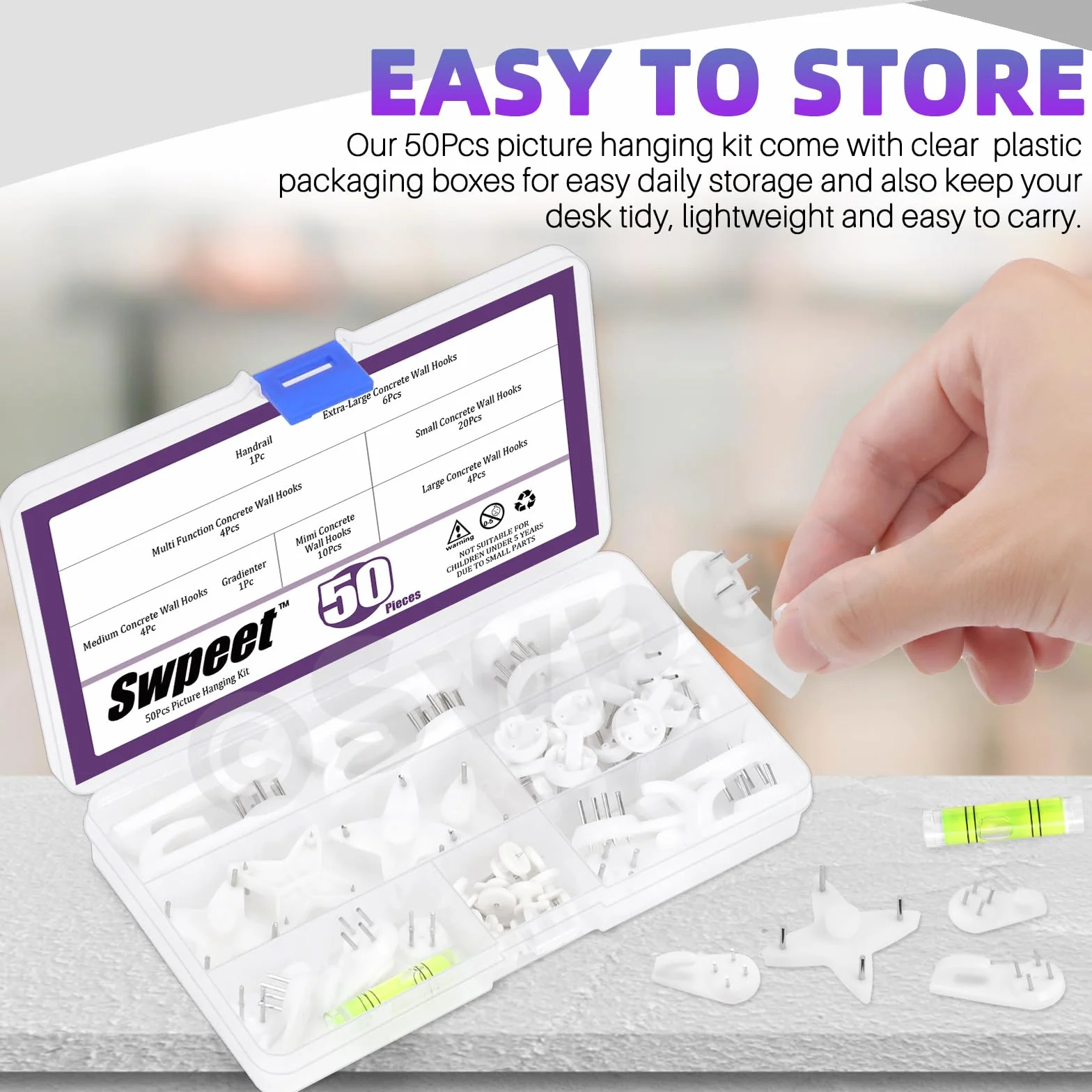 Swpeet Concrete Wall Hooks Kit 52 haczyków do ścian betonowych, haczyki do zawieszania obrazów, wieszaki na ramki na zdjęcia, niewidoczne haczyki do wieszaków, bez uszkodzeń, haczyki ścienne z płyt