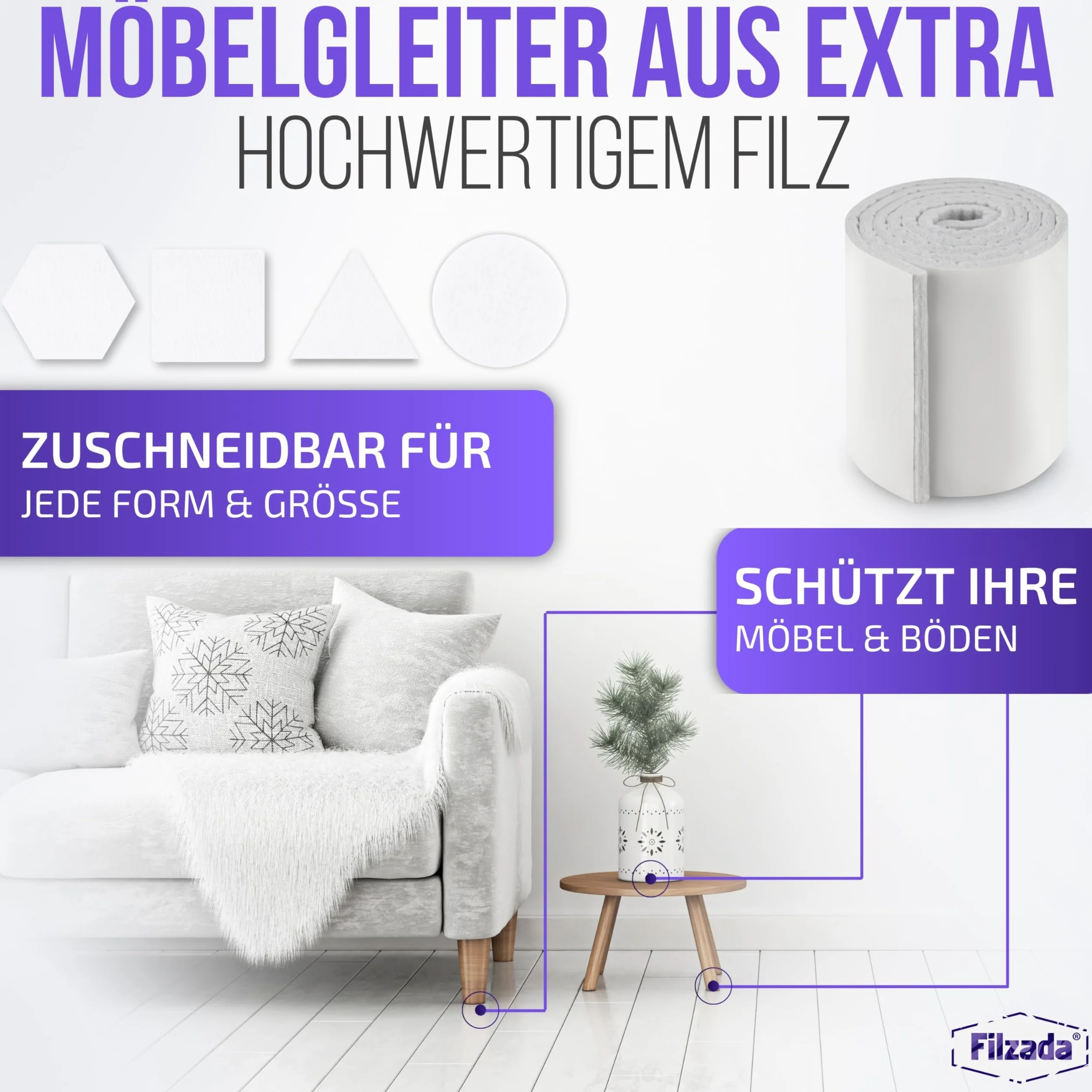 Filzada® 2x Filcowe podkładki samoprzylepne - Rolka (100 x 10 cm) - Białe - Profesjonalne podkładki meblowe Filc o idealnej sile klejenia
