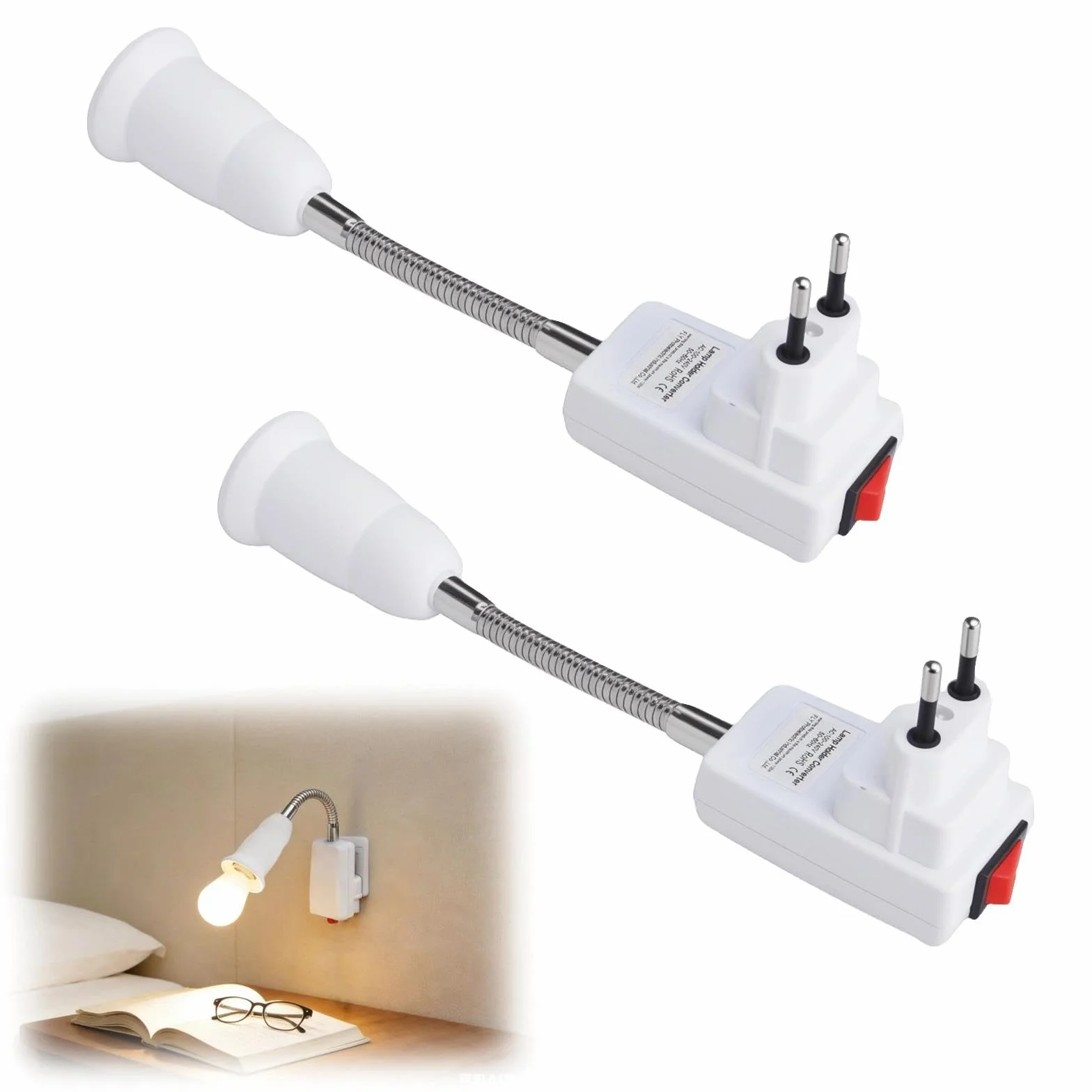 HENGBIRD 2 x adapter E27 – elastyczna lampa typu łabędzia szyja do gniazdka z wtyczką UE, oprawa 20 cm z wtyczką, odporna na wysokie temperatury PBT do czytania LED