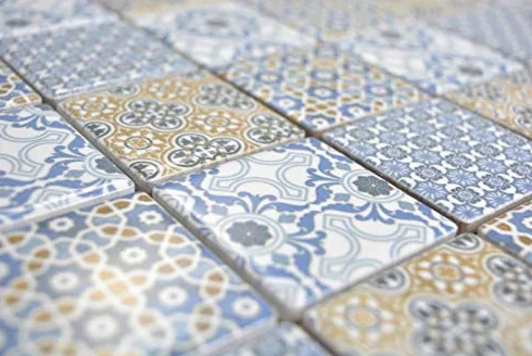 Ceramiczna mozaika retro beżowy żółty niebieski biały płytki mozaikowe ściana lustro do płytek kuchnia łazienka