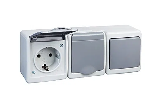 Podwójne gniazdko natynkowe z przełącznikiem, IP44, 16 A/250 V, Schuko, natynkowe, do wilgotnych pomieszczeń, gniazdko GR
