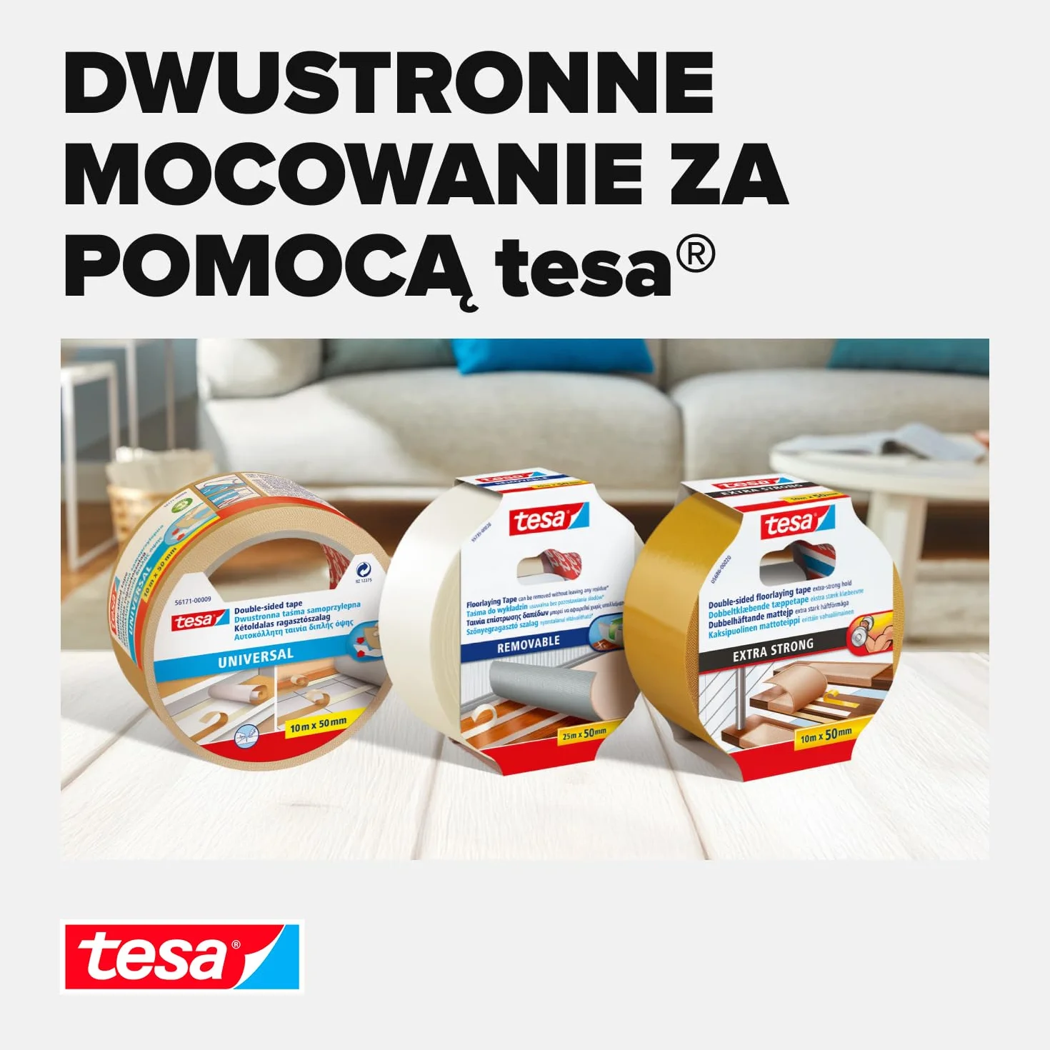 tesa® taśma montażowa extra strong - dwustronna taśma samoprzylepna do mocowania wykładzin dywanowych i PCV - dwustronnie klejąca - 10 m x 50 mm