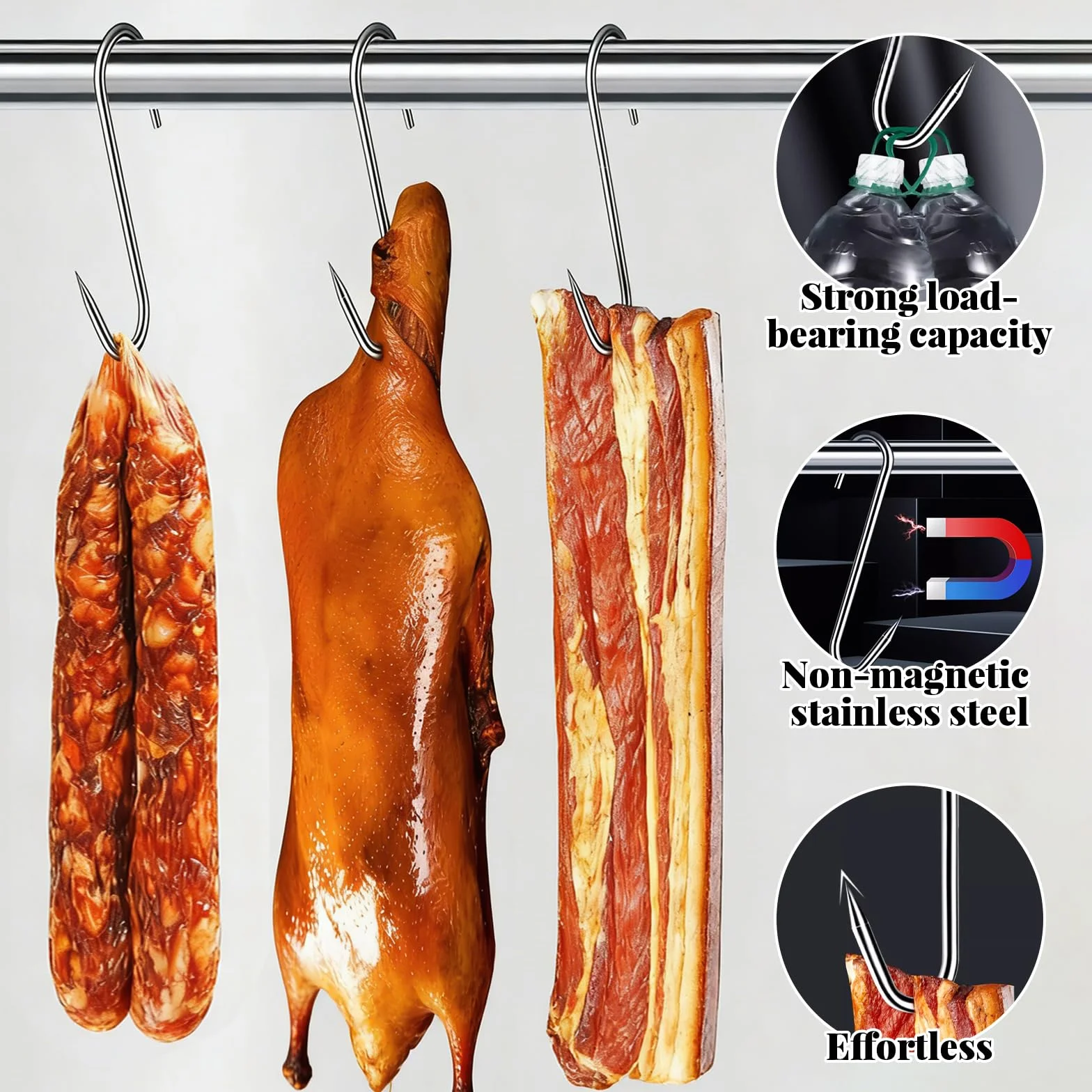 30 szt. Haczyk mięsny S, 180 × 3 mm hak w kształcie litery S ze stali nierdzewnej, wielokrotnego użytku haczyki rzeźnika, małe haczyki S odpowiednie do wieszania mięsa, kiełbasy i dekoracji
