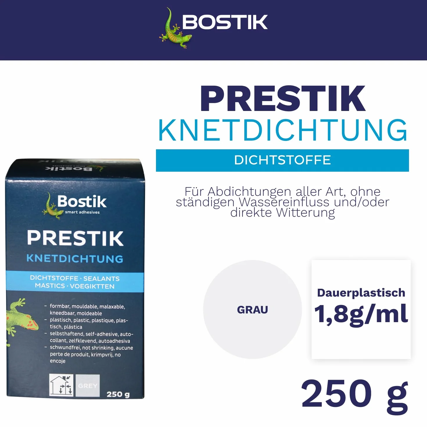 BOSTIK Prestik szara uszczelka do ugniatania, trwała plastyczna, nie zawiera rozpuszczalników, nie kurczy się, doskonała odporność na starzenie, do użytku wewnątrz i na zewnątrz, 250 g