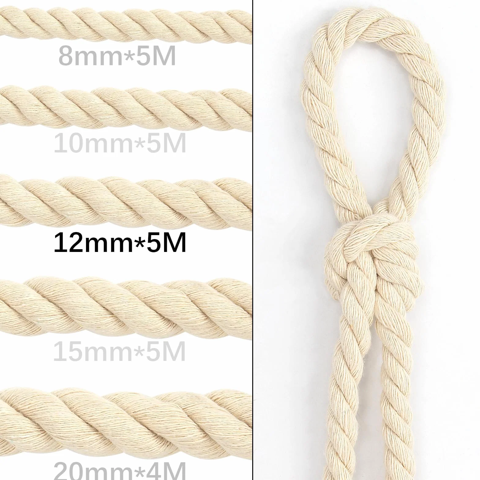 Sznurek bawełniany 12 mm, 5 m, beżowy, sznurek bawełniany, do dekoracji, majsterkowania, ogrodnictwa, pakowania prezentów