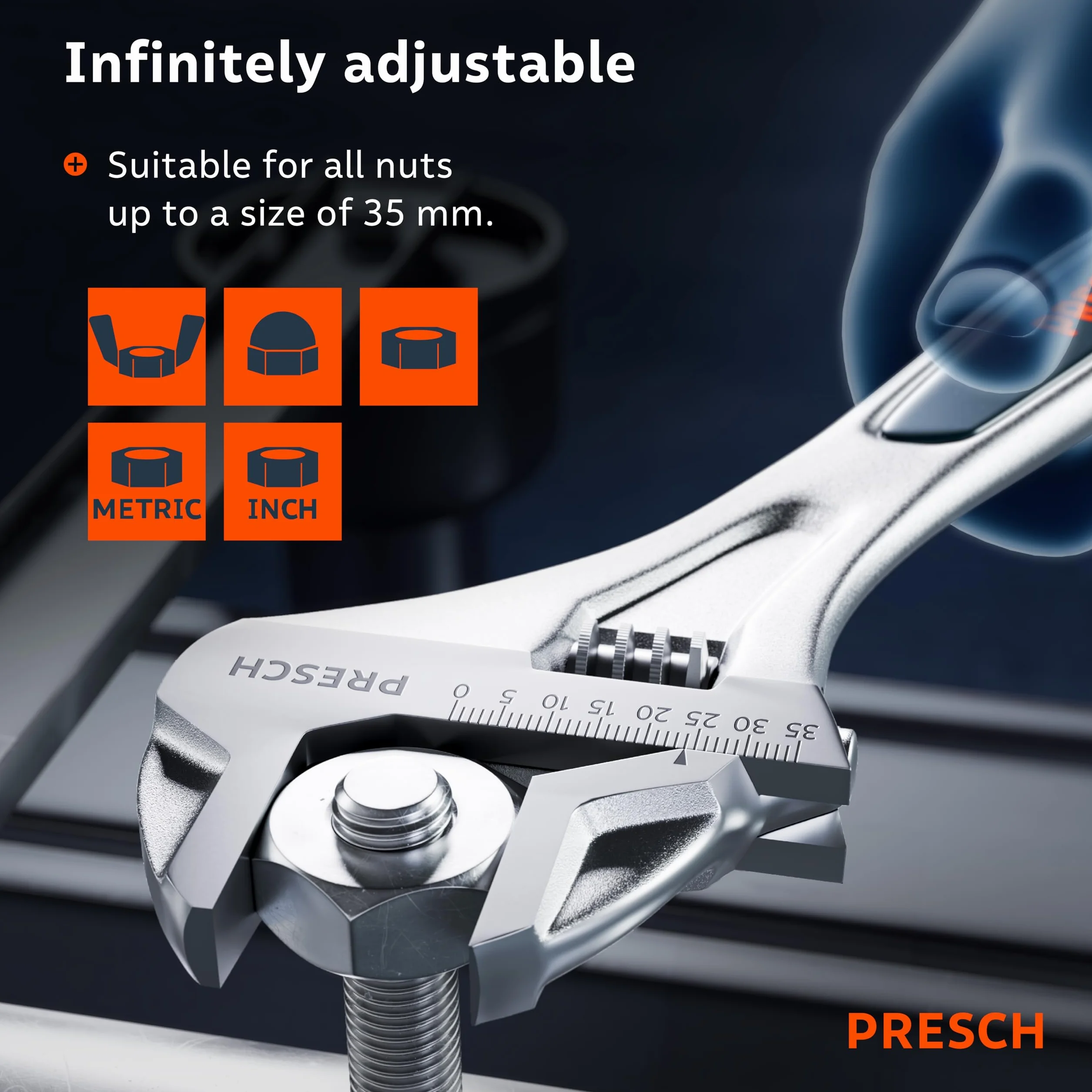 Presch Klucz nastawny 250mm - Laserowo grawerowana skala 35 mm (metryczna i calowa) - Precyzyjnie frezowany dla optymalnego chwytu - Solidny, regulowany klucz - Wysokiej klasy narzędzie